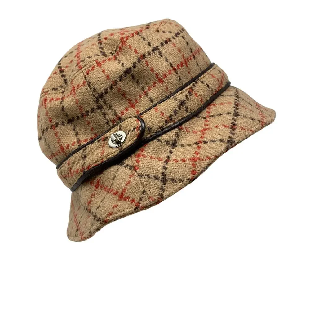 Y2K Coach Bucket Hat Womens Size M/L Tan Red Brown Plaid 100% Wool